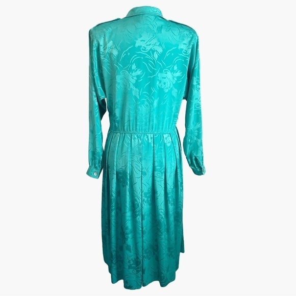 Vintage 80s Leslie Fay Teal Floral Embossed Jacquard Satin Pleated Shirt Dress - Picture 13 of 15